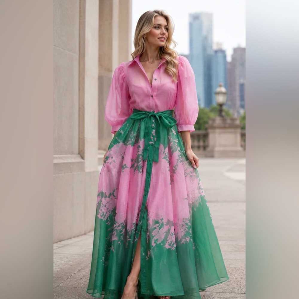 Pink Puff-Sleeve Button-Up Dress with Green Floral Overlay
